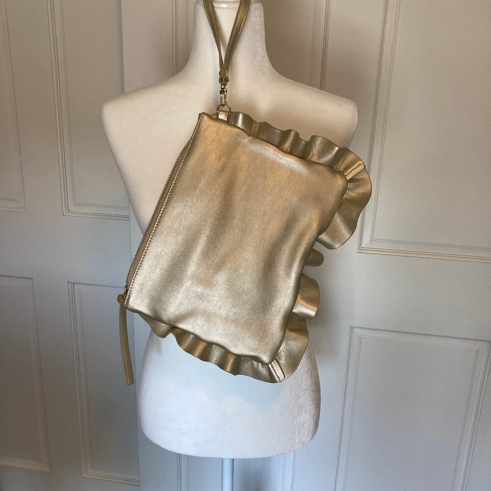 Ladies Sole Society Vegan Leather Gold Ruffle Wristlet Pouch with animal print